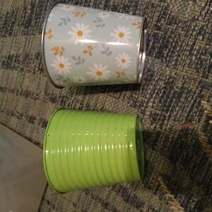 Floral and Green Metal and Ceramic Planters.  Total 3